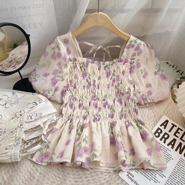 Blouses de mujer Mujer Summer Collar Square Fragmented Chiffon Camisas Girl Girl Flower Molly Mangas de burbujas Camiseta de manga corta Q208