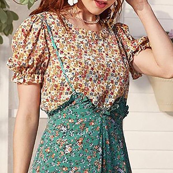 Blusas de mujer Mujer Verano Estilo francés Camisa floral Moda Suelta y cómoda Plisado Puños hinchados LohasTime Girls