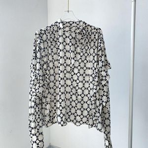 Women's Blouses Woman Vintage Black White Floral Print Silk Blouse V-Neck met stropdassen Ruches lange mouwen tops