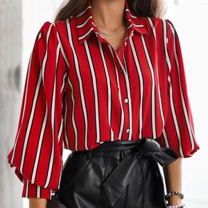 Blouses Femme Femme Vintage Bureau Chemise Blosues Printemps Eté Rouge Rayé Imprimé Manches Longues Plissé Élégant Cardigan Top Womne Vêtements