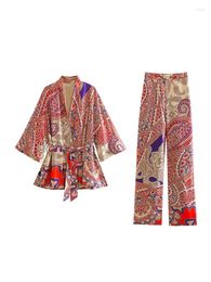 Women's Blouses Women 2022 Fashion Belt Gedrukte Kimono Style bovenkleding Vintage vrouwelijke chique overhirt met lange mouwen