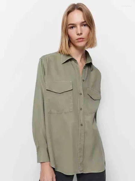 Chemisier femme 2024 automne mode décontracté rabat poche chemise rétro à manches longues Chic simple boutonnage tout-match haut Mujer