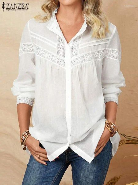 Blouses Femmes Femmes 2024 Chemise blanche élégante ZANZEA Mode Dentelle Patchwork Blusa Casual Manches longues Col rond Blouse Bureau Lady Sheer