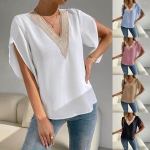 Blusas de mujer Moda de mujer Cuello en V Encaje Color sólido Temperamento superior Bonito botón Arriba Mujeres Damas Satén Abajo Camisa Tan Trabajo