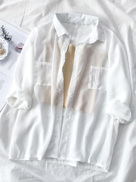 Chemisiers pour femmes et chemises pour femmes Châles Jupe d'été Cardigan en mousseline de soie Femme Mince avec une chemise à manches longues Empêchez les vêtements de se prélasser