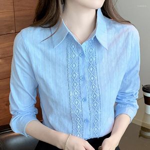 Damesblouses dames herfst kanten splitsing katoenen shirt dames lange mouw elegante linnen blouse top blusas blauw wit