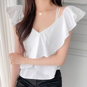 Women's Blouses dames blouse Koreaanse chique zomer vintage havenstijl v-neck ruch taille veter los buitenlandse mouwloze shirt top