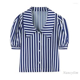 Women's Blouses dames blauw verticaal gestreepte korte puff mouw los shirt 2023 zomer kleding vrouwelijk all-match tops nancylim