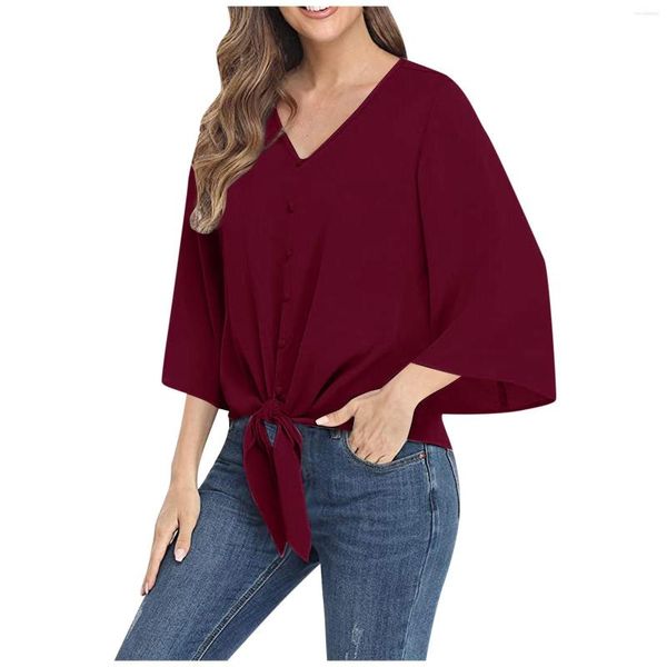 Blusas de mujer Botón de mujer con cuello en V Top de gasa Tres cuartos Manga acampanada Nudo de corbata Camisa informal suelta Femme Blusa Feminina Verao