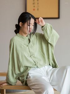 Women's Blouses Dames Chinese stijl shirts en tops staan ​​stevige kleurenknop lange mouw kleding 2023 lente elegant groen