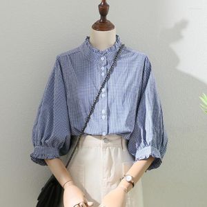 Chemisiers pour femmes Vêtements pour femmes Printemps Eté Hauts Vintage French Lantern Sleeve Elegant And Youth Woman Lace Blue Plaid Shirt