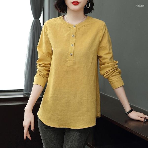 Blusas para Mujer Camisa De Moda De Lino De Algodón para Mujer Túnica De Manga Larga Coreana Blusa para Mujer Tops Chaqueta con Cuello Redondo Camiseta Básica De Otoño Informal Suelta