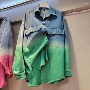 Dames blouses dames denim shirt 2023 geleidelijke kleur bult revers losse borsten los