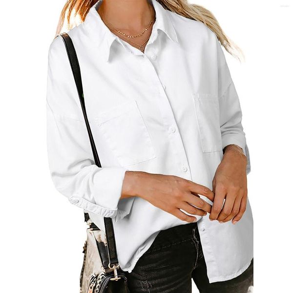 Chemisiers pour femmes Chemise en jean pour femme Lâche Double poche À manches longues Manteau décontracté polyvalent Épais col en V Oversize