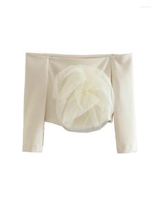 Damesblouses dames herfst 2022 casual mode chic tule bloemen verfraaide korte top kraagloze lange mouw losse vaste kleur