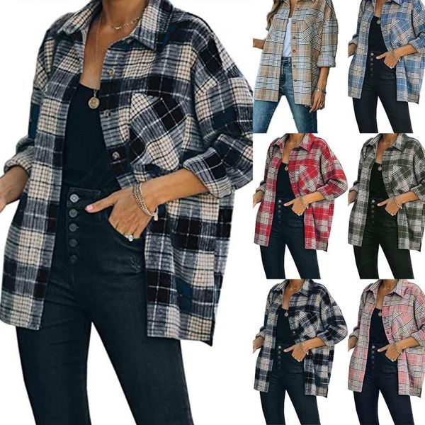 Chemisiers Femme Flanelle Plaid Léger Veste Mince Chemises Raglan Manches Longues Boutonné Poitrine Poches Manteaux Shacket