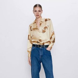 Dames blouses dames lange mouw v-neck cheetah patroon casual pocket knop slik goud en groene shirt tops