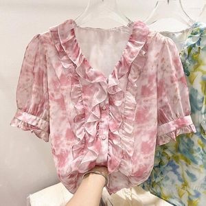 Damesblouses Chiffon blouse met print 2023 Koreaanse stijl Afslanken V-hals Verstoorde stiksels Single-breasted overhemd met korte mouwen