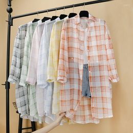 Damesblouses dameshemd casual gemiddelde middelste lange mouw losse zonnebrandcrème kleding chiffon plaid jas zomer dunne top vrouw