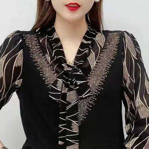 Women's Blouses dames lente herfst stijl blouse shirt losse v-neck diamanten lange mouw patchwork Koreaanse casual tops dd6634