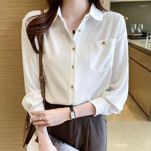 Damesblouses dames lente herfst herfst t-shirt kantoor dames mode Koreaanse solide satijnen blouse femme elegante casual bovenkleding