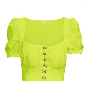 Dames blouses dames vierkante nek haak knop ontwerp bubbel mouw eenvoudig shirt zomer casual t shirts dames medium