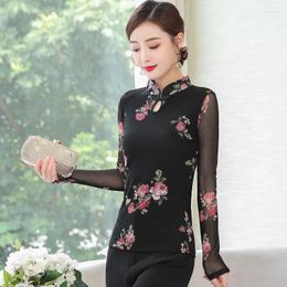 Chemisiers pour femmes hauts pour femmes 2022 été mousseline de soie maille imprime épissage à manches longues Style chinois apprêt chemise dames maigre Sexy chemises