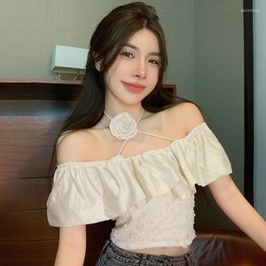 Damesblouses Damestops Zomer Koreaanse versie Off-shoulder Driedimensionale bloem Slanke sexy mode-shirts met korte mouwen