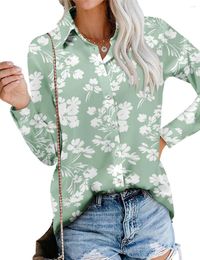 Chemisiers pour femmes col en V vert chemise à imprimé floral femme chemisier décontracté à manches longues hauts boutonnés surdimensionné costume de mode ample