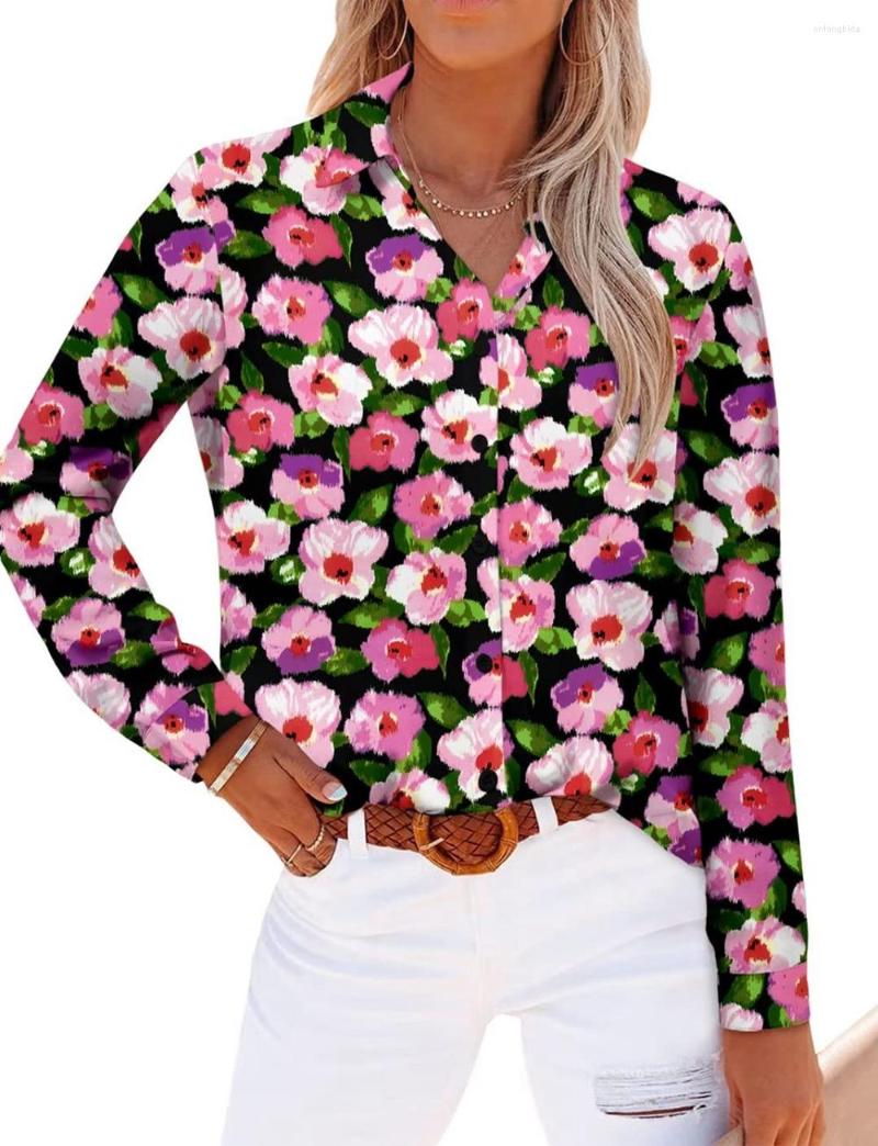 Vrouwen Blouses Vrouwen V-hals Groen Bloemenprint Shirt Vrouw Blouse Casual Lange mouwen Button-up Tops Oversized Losse Mode Pak