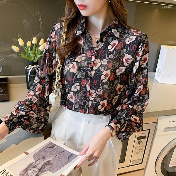 Chemisiers pour femmes Chemises à fleurs vintage à manches ballon pour femmes Printemps Été Mince Blouse en mousseline de soie pure Mode coréenne Casual Lâche Rétro