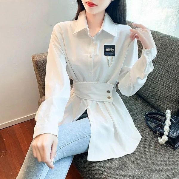 Blusas de mujer Vintage Chic Slim Fit negro blanco manga larga camisa abotonada 2023 primavera otoño moda elegante Oficina señora