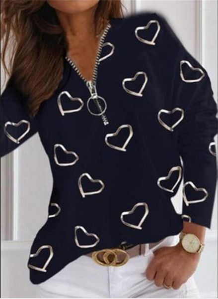 Blusas de mujer, camiseta informal blanca para mujer, camiseta con cremallera y cuello de pico, chaqueta de primavera con estampado de amor, Top de manga larga para mujer, alternativa para mujer