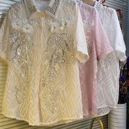 Chemisiers pour femmes Femmes 3D Phoenix Broderie Perles Chemises en mousseline de soie Dentelle Spliced Diamonds Beaded Floral Sequined Cardigan Crop Tops Blusas