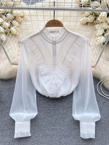 Blusas de mujer camisa de otoño coreana ligera Hada de lujo manga larga Organza madera borde de oreja diseño Sense Camiseta pequeña D5374