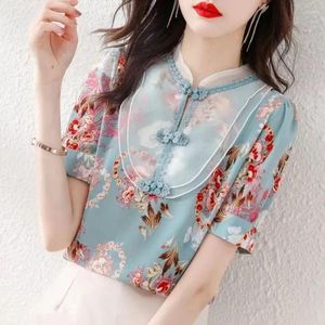 Blouses pour femmes femmes automne été chemises dame mode Style chinois à manches courtes col Mandarin impression Blusas hauts G2848