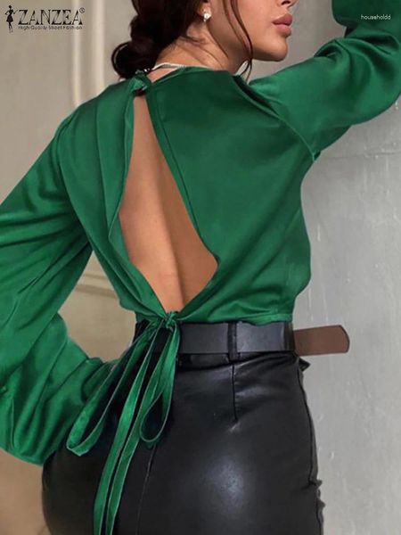 Blouses Femmes Femmes Dos Ceinturé Crop Tops ZANZEA Mode Satin Soie Blouse Élégant Col Rond Évider Chemises Casual Flare Manches Longues