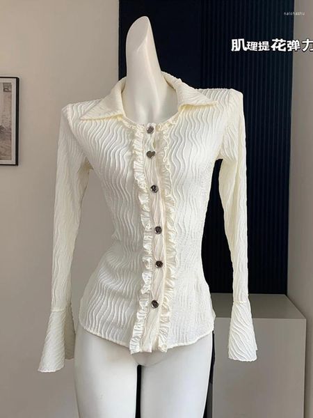 Blouses pour femmes Femmes basique Jacquard Flare Sleveve Lace Shirts Collaire élégant bureau Lady Crop Top Streetwear Casual Streetwear Design