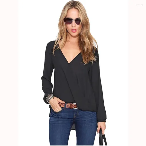 Blouses pour femmes Femmes Chemise en dentelle noire Tops Fashion Front Cross Manches longues en mousseline de soie Blusas Femininas