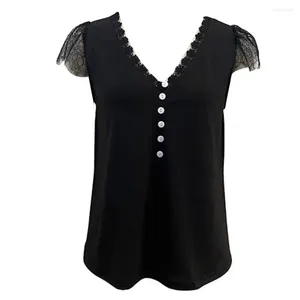 Blouses Femmes Femmes Noir Dentelle Top Boutons Décor T-shirt Élégant V-Cou Tops Casual Été Streetwear Tenues Habillées Pour La Mode