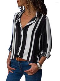 Blusas de mujer Camisa a rayas blancas y negras Casual Cuello de solapa Manga corta Botón Marca Chic Ropa informal suelta Blusa de vacaciones Chemise