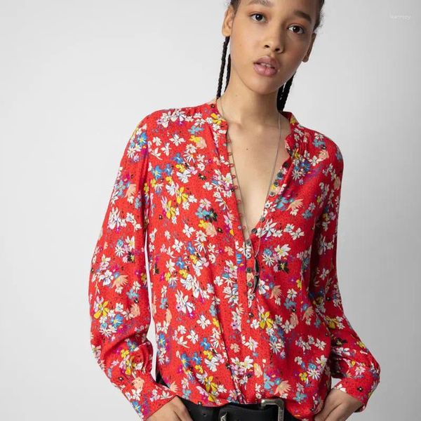 Blouses Femmes Chemisier Femme 2023 Pré-automne Français Manches Longues Lettre Imprimé Floral Chemise En Viscose Rouge