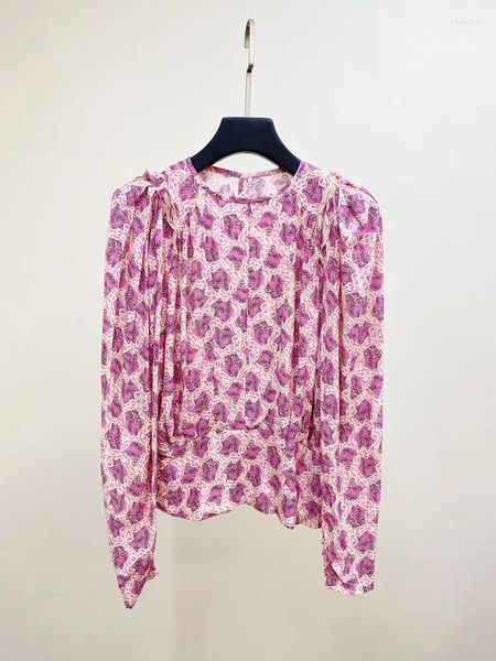 Blouses de mujer Blusa Mujeres Blue Pink Viscose Manga larga Castia de mufra de manga larga Flores o Dot Camiseta O-Cho de cuello de Os