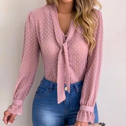 Blouses Femmes Femmes Blouse Casual Lâche Sexy Col En V Bouton À Lacets Point Chemises À Manches Longues Mode Confortable Camisas De Mujer # 8