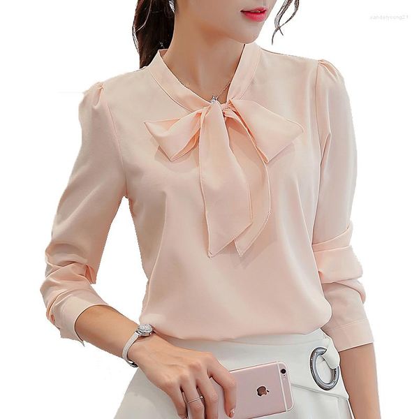 Blouses pour femmes femmes Blouse mode automne rose blanc à manches longues chemises de bureau décontracté hauts élégant à lacets en mousseline de soie Blusas SF576