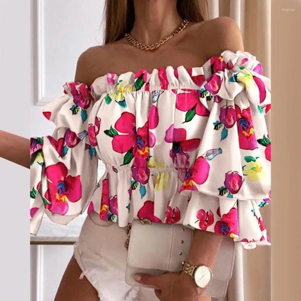 Blouses Femmes Femmes Blouse Flare Manches Chemise Coloré Multicouche Élégant Hors Épaule Volant Imprimé Plissé Dames Volants