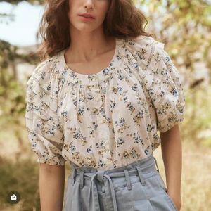 Blouses pour femmes Blouse de chemisier fleur imprimé plis à manches courtes à manches simples à poitrine simple