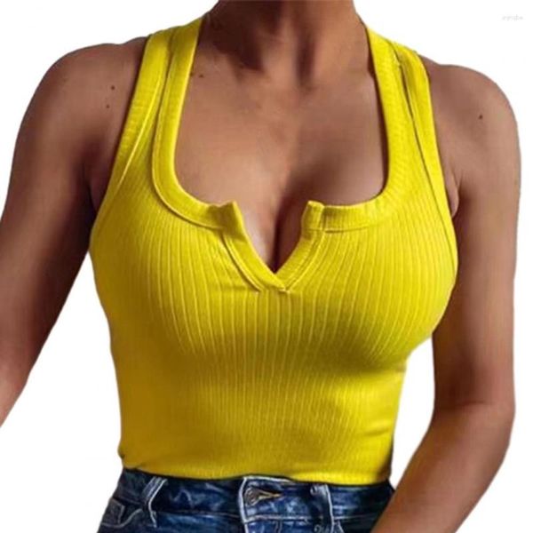 Blusas de mujer Blusa de mujer de punto acanalado Camiseta sin mangas de corte bajo Color sólido Slim Fit Sexy sin mangas con cuello en V Crop Summer Clubwear