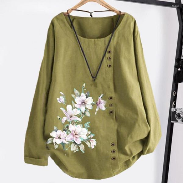 Chemisiers pour femmes Chemisier Femme Imprimé Floral Chemise Vintage Fleur Bouton Décor À Manches Longues T-shirt Doux Pull Pour L'automne