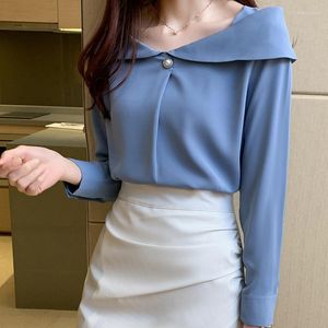 Women's Blouses Women Blue Blouse 2023 Spring chiffon shirt dames lange mouwen met één woord schoudertop elegante kleding blusas